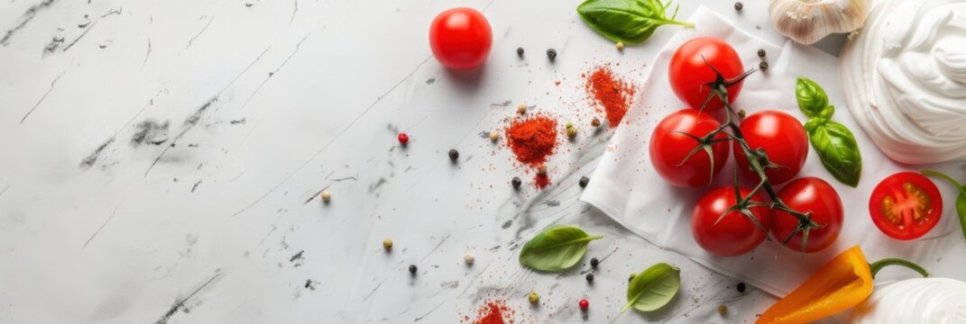 International Chef Day. Tomatoes, garlic and basil on a white background with vegetables. Horizontal banner. Free space for text