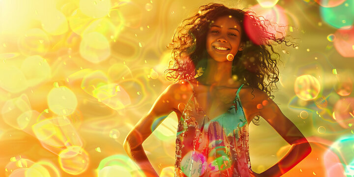 Bubbly Personality: A bubbly teen wearing a colorful sundress, her hands on her hips, her smile infectious.