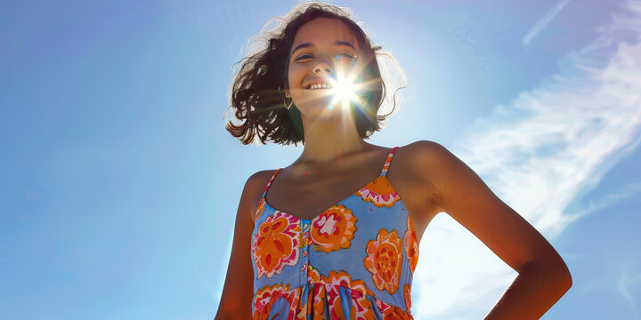 Bubbly Personality: A bubbly teen wearing a colorful sundress, her hands on her hips, her smile infectious.