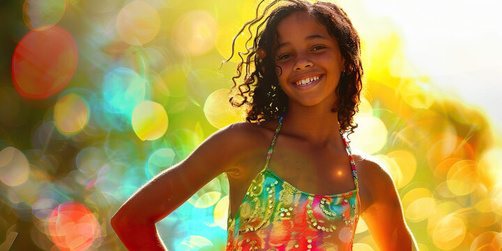 Bubbly Personality: A bubbly teen wearing a colorful sundress, her hands on her hips, her smile infectious.
