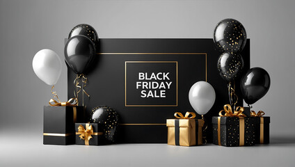 Black Friday, gift boxes and White and black balloons Shopping Concept