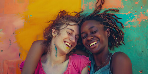 Carefree Spirits: Two young friends laughing together, their heads leaning against each other, their bodies in synchronized motion.
