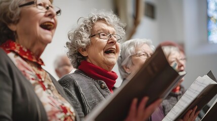 A joyful group of elderly women sings together in a choir setting, showcasing their enthusiasm and passion for music.