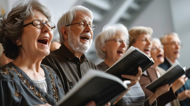 A joyful group of elderly individuals passionately singing together while holding hymn books in a warm and inviting setting. 