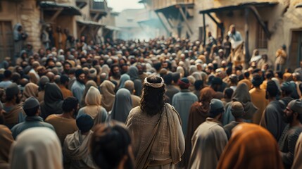 A crowd of people gathers around a central figure, set in an ancient town, evoking a sense of...