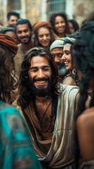 Fototapeta premium A joyful gathering of diverse individuals in traditional attire, sharing moments of laughter and connection in an ancient setting.