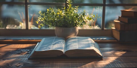 A sunlit scene featuring an open book on a wooden table, accompanied by a small potted plant and books stacked nearby, creating a cozy and inviting atmosphere for reading. 