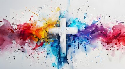 A vibrant and artistic representation of a cross surrounded by colorful watercolor splashes, symbolizing faith and spirituality. 
