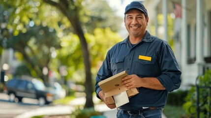 Smiling delivery man holding a package on a sunny suburban street, representing postal service and reliable delivery.