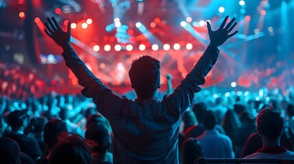 A vibrant concert scene featuring an enthusiastic crowd with a person raising their hands in excitement, illuminated by colorful stage lights. 