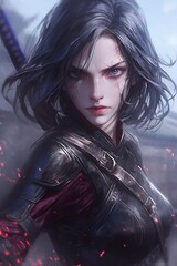 a female mercenary facing enemies on a burning battlefield. Japanese animation style digital art drawing illustration, anime aesthetic.