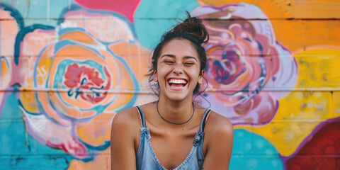 A young, freckled pinup girl laughs heartily, a light-hearted expression on her face. She wears a casual tank top and jeans, standing in front of a colorful mural. Carefree spirited. 