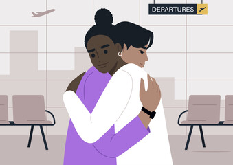 A Tender Farewell at the Departure Gate, Two characters embrace in a heartfelt goodbye at an airport departing area