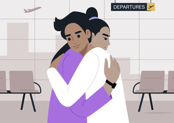 A Tender Farewell at the Departure Gate, Two characters embrace in a heartfelt goodbye at an airport departing area