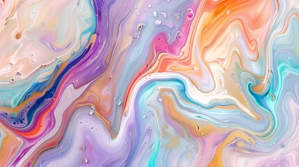 Fluid art painting with acrylic paints creating a marble effect in pastel colors with gold accents