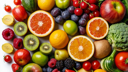 Assortment of fruits and vegetables on a white background. Various colors of healthy and nutritious fresh food. AI-Generated