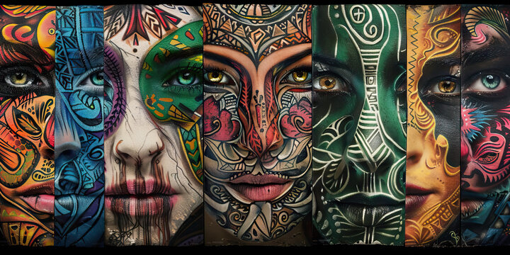 Tribal Tattoo Tapestry: A collage of colorful tribal tattoos adorning various parts of a woman's body, on display at a tattoo parlor.