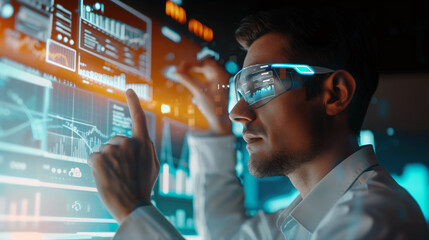 Business analyst using wearable AI glasses to analyze data, generate reports, present insights to colleagues Device provides real-time information allowing for faster and more informed decision-making