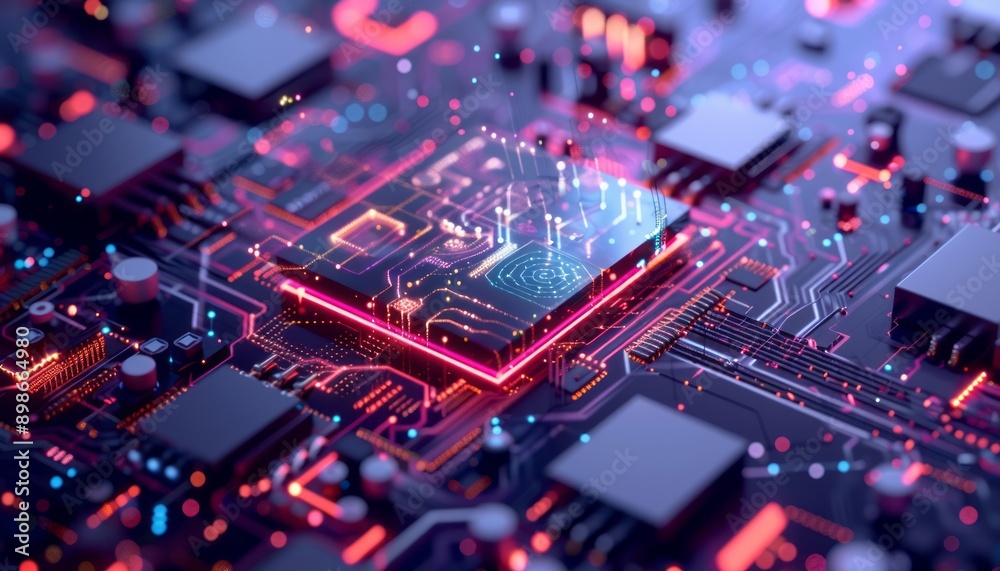 Poster close up of a computer chip with glowing circuits and data flow