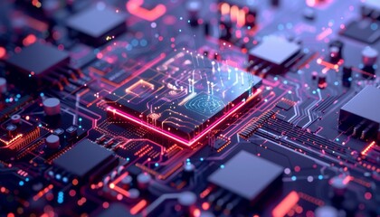 Obraz premium Close Up of a Computer Chip With Glowing Circuits and Data Flow