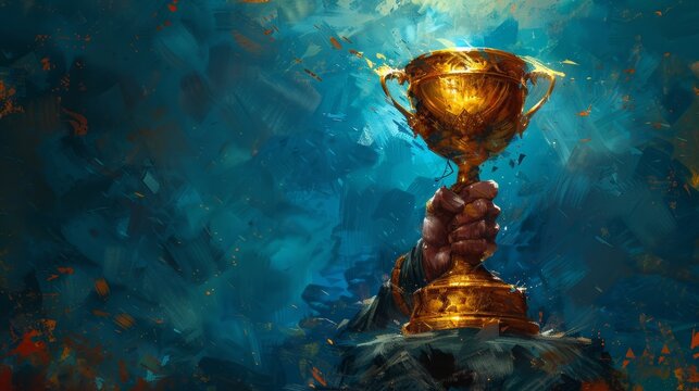 Victorious athlete is holding up a large gold trophy in celebration with a textured blue background