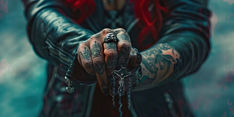 Biker Girl's Emblem: A tattooed hand holding a rosary, symbolizing the intersection of faith and rebellion for the biker community.