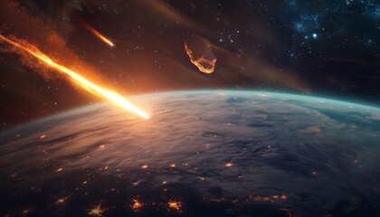 Obraz premium Fiery Meteor Streaks Across Earth's Atmosphere During Night
