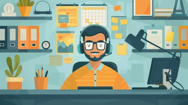 Flat design of a joyful officer engaged in a video conference