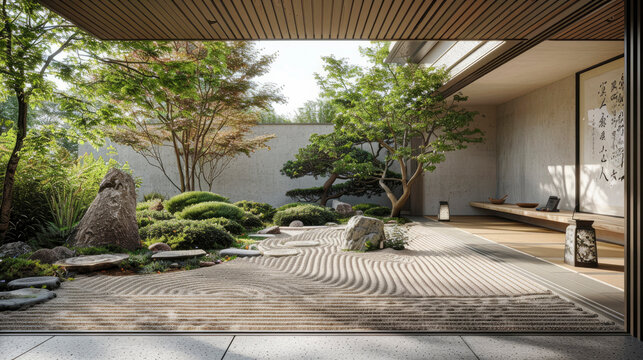 A peaceful Zen garden with meticulously arranged sand patterns, rocks, and greenery, exemplifying tranquility and Japanese landscaping aesthetics.
