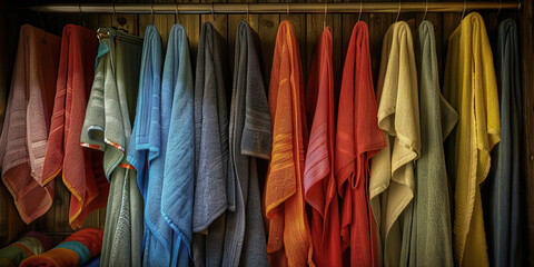 Fototapeta premium Tidy Tapestry of Harmony: A well-organized linen closet, showcasing a variety of colorful towels and bed sheets, hanging neatly on hooks.