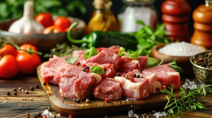pieces of meat on a pork plate. Selective focus.