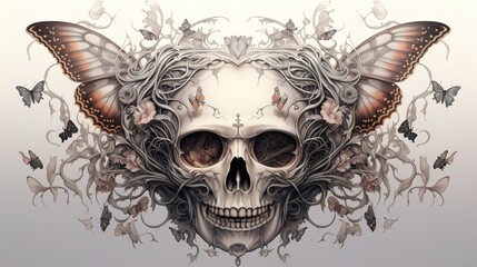 An ethereal drawing of a skull surrounded by delicate butterfly wings, blending macabre and beauty in a dream-like composition.