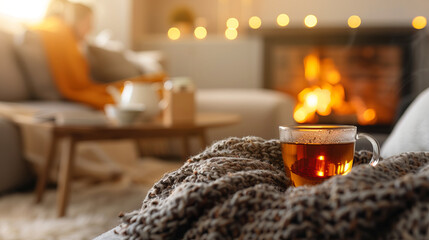 Cozy autumn evening with a warm cup of tea, a knitted blanket, and a crackling fireplace in a comfortable living room setting.