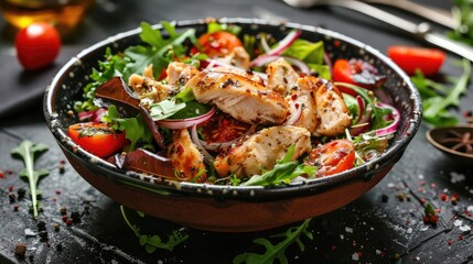 salad with baked chicken on a plate. Selective focus.