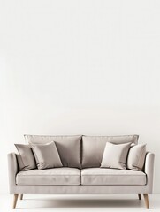 A white sofa with three pillows sits in front of a white wall. Generative AI