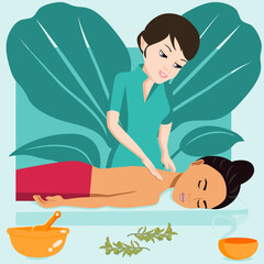 Swedish massage with professional massage therapis in spa. European and Eastern ethnicity. Isolated flat vector illustration.