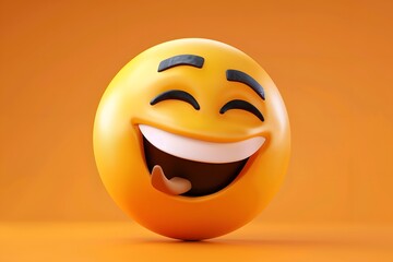 Fototapeta premium Bright yellow emoji with a big smile and raised eyebrows on an orange background.