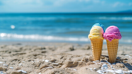 Colorful ice cream cones on a beach, National Ice Cream Month, with copy space