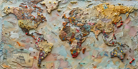 Map of Human Knowledge: An expansive wall map, dotted with pushpins marking significant places and dates in history.