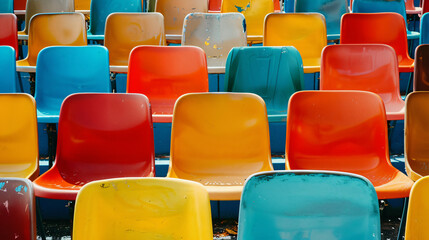 Fototapeta premium Empty rows of colorful stadium seats, outdoor public theatre concert hall copy space background