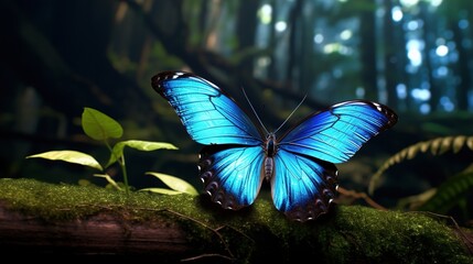 An image of a Morpho Helena butterfly, its wings shimmering with metallic blue and green hues, against the dark, rich earth of a rainforest floor.