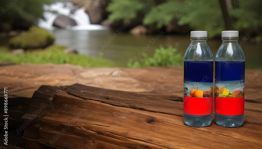 Wall mural water bottles on rustic wooden table with waterfall background