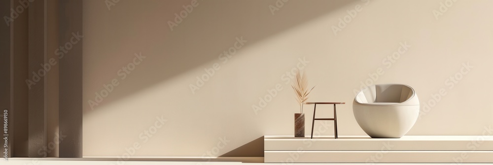 Poster A white chair sits on a white platform with a small side table and dried flowers in front of it. The background is a cream wall with a subtle shadow cast by sunlight. Generative AI