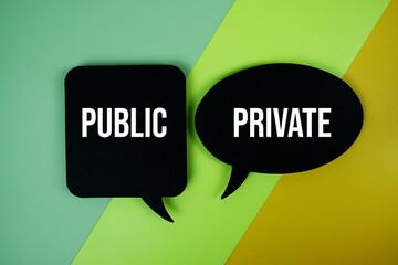 Public vs Private text on speech bubble top view on green and yellow geometric background