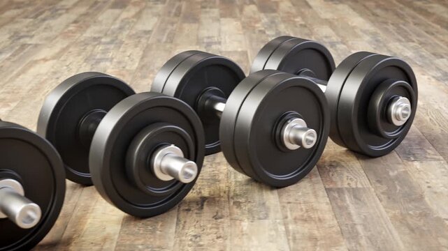 Several dumbbells in a row with  incremental weights on a hardwood floor. Camera panning along the row of dumbbells