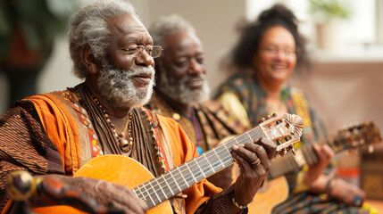 Three elderly people dressed in traditional clothing are playing guitars and enjoying their time together, showcasing their musical talents.