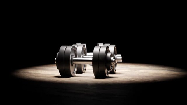 Several dumbbells in a row with  incremental weights on a hardwood floor under a spotlight. Camera rotating around them 360 degrees. Seamlessly loopable video