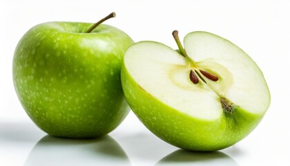 Two green apples and half of green apple on white background. File contains clipping path.