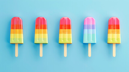Five vibrant rainbow-colored popsicles arranged in a row on a blue background, symbolizing summer treats and simplicity with bright colors.
