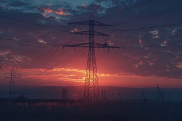 A serene landscape of a sunset behind power lines, suitable for use in travel or nature photography